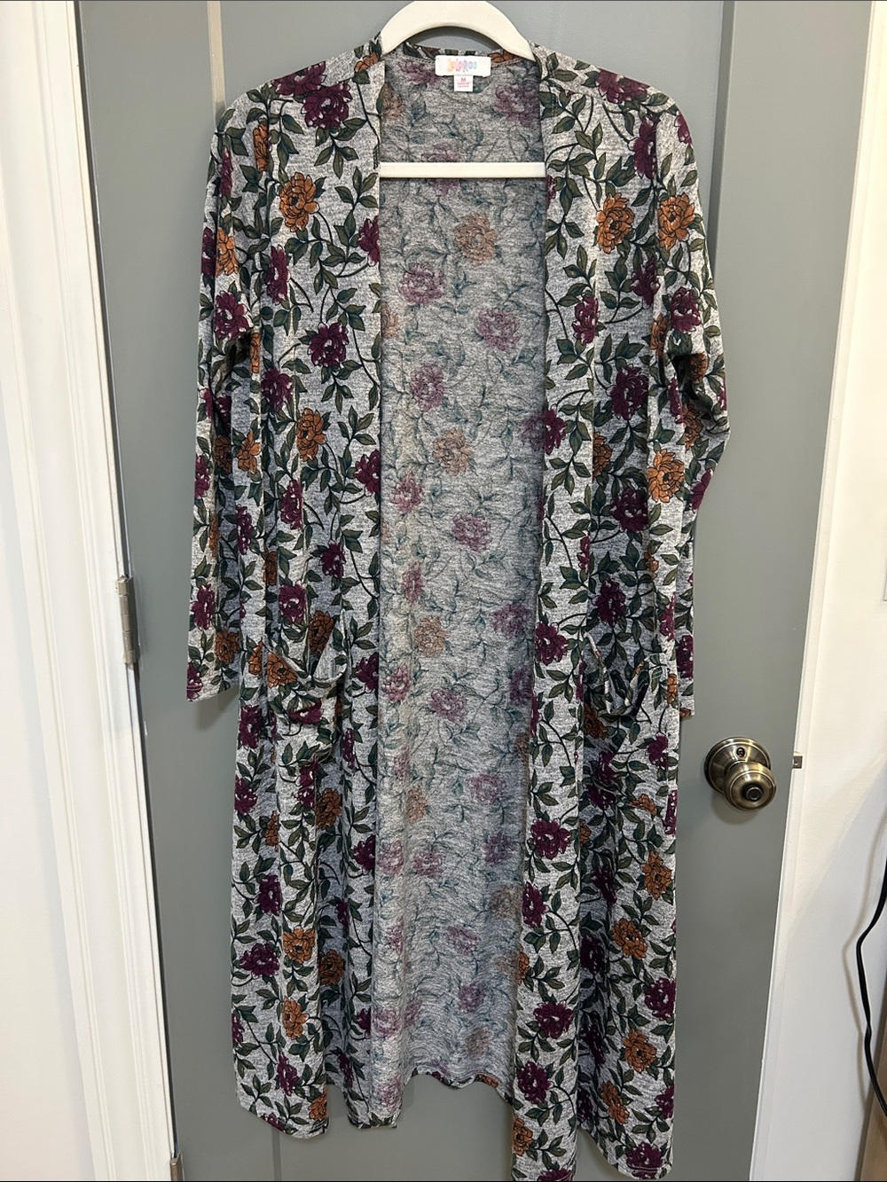 LuLaRoe Long Floral Duster Cardigan - Gray with Plum & Mustard Flowers size M